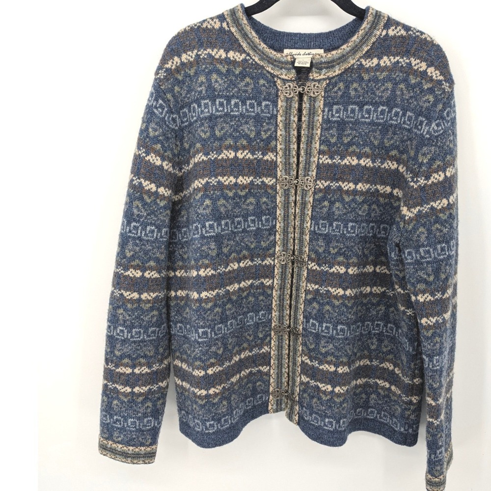Telluride Clothing Co Wool Cardigan Womens Large‎ Blue Fair Isle Nordic Clasp